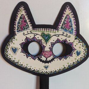 OOAK Sugar Skull Cat Halloween Wood Mask Muertos Artist Masquerade Costume DDLM